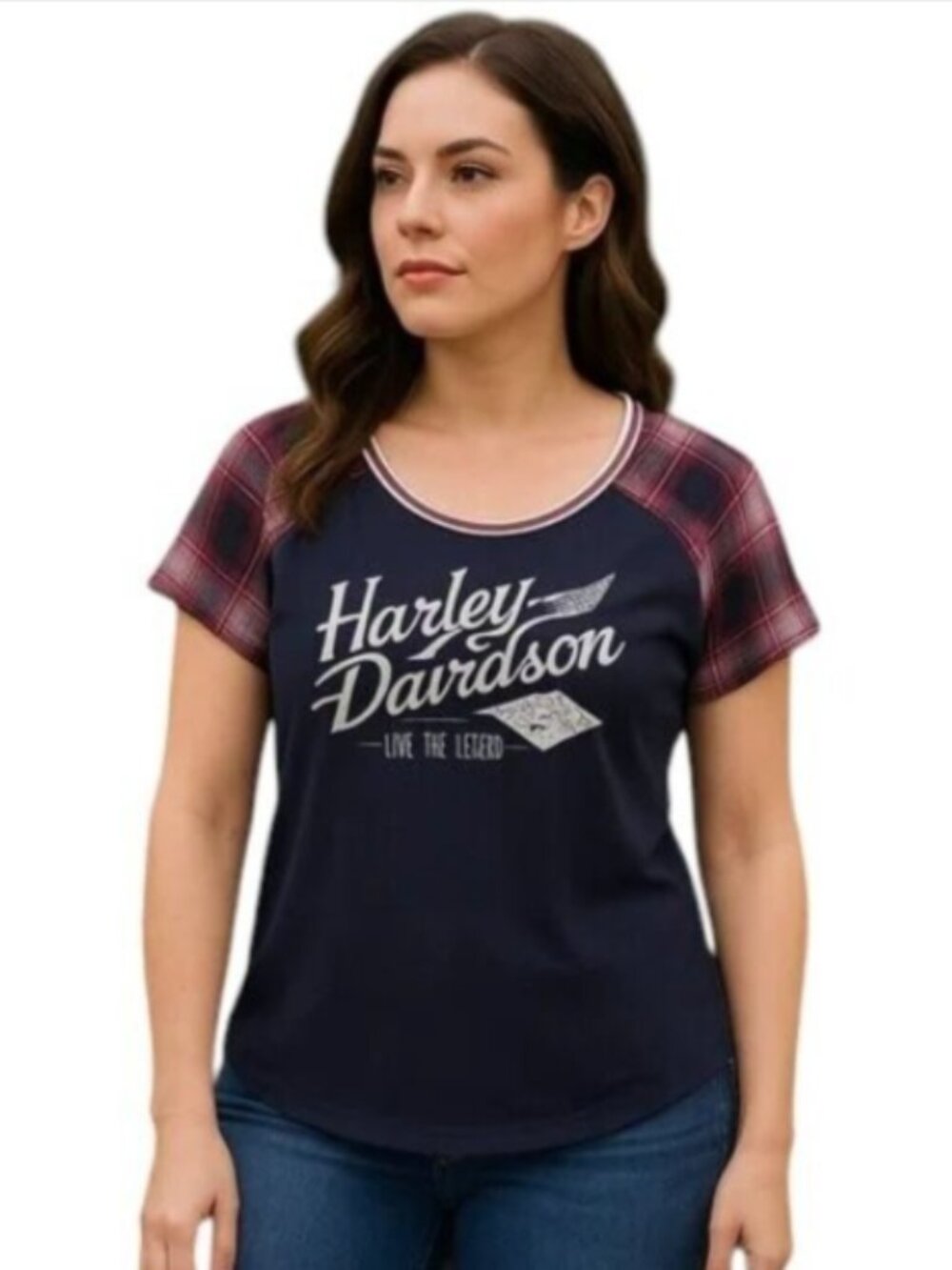 Harley-Davidson Medium Black Tee Red Black White Plaid Live the Legend Graphic